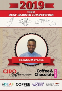 Shy and friendly, Karabo is still quite new in the barista profession however he is not scared to take on the challenge of competing in the Ciro Deaf Barista Competition for the first time and looks forward to the challenge.  Karabo is currently employed at Microsoft in Bryanston - and his favourite coffee to prepare is Blacksmith Coffee.  He enjoys the story behind the brand - he says.  What he enjoys the most about coffee is the feeling it gives you and that it creates job opportunities for anyone who is keen and willing.  Karabo enjoys playing soccer on his off days with his friends.