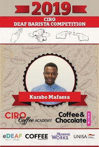 Shy and friendly, Karabo is still quite new in the barista profession however he is not scared to take on the challenge of competing in the Ciro Deaf Barista Competition for the first time and looks forward to the challenge. Karabo is currently employed at Microsoft in Bryanston - and his favourite coffee to prepare is Blacksmith Coffee. He enjoys the story behind the brand - he says. What he enjoys the most about coffee is the feeling it gives you and that it creates job opportunities for anyone who is keen and willing. Karabo enjoys playing soccer on his off days with his friends.