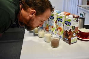 Cupping the milks before steaming. They all have a very smooth, easy mouthfeel and are very true to their flavour descriptors.