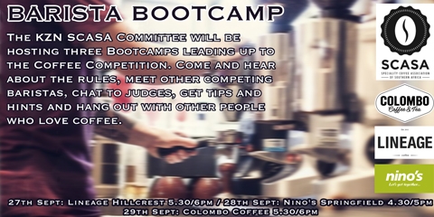 KZN Barista Bootcamps 27/28/29 September! - The KZN SCASA Committee is hosting three evenings next week where all interested baristas and coffee people can gather to prepare for the upcoming KZN Regionals.